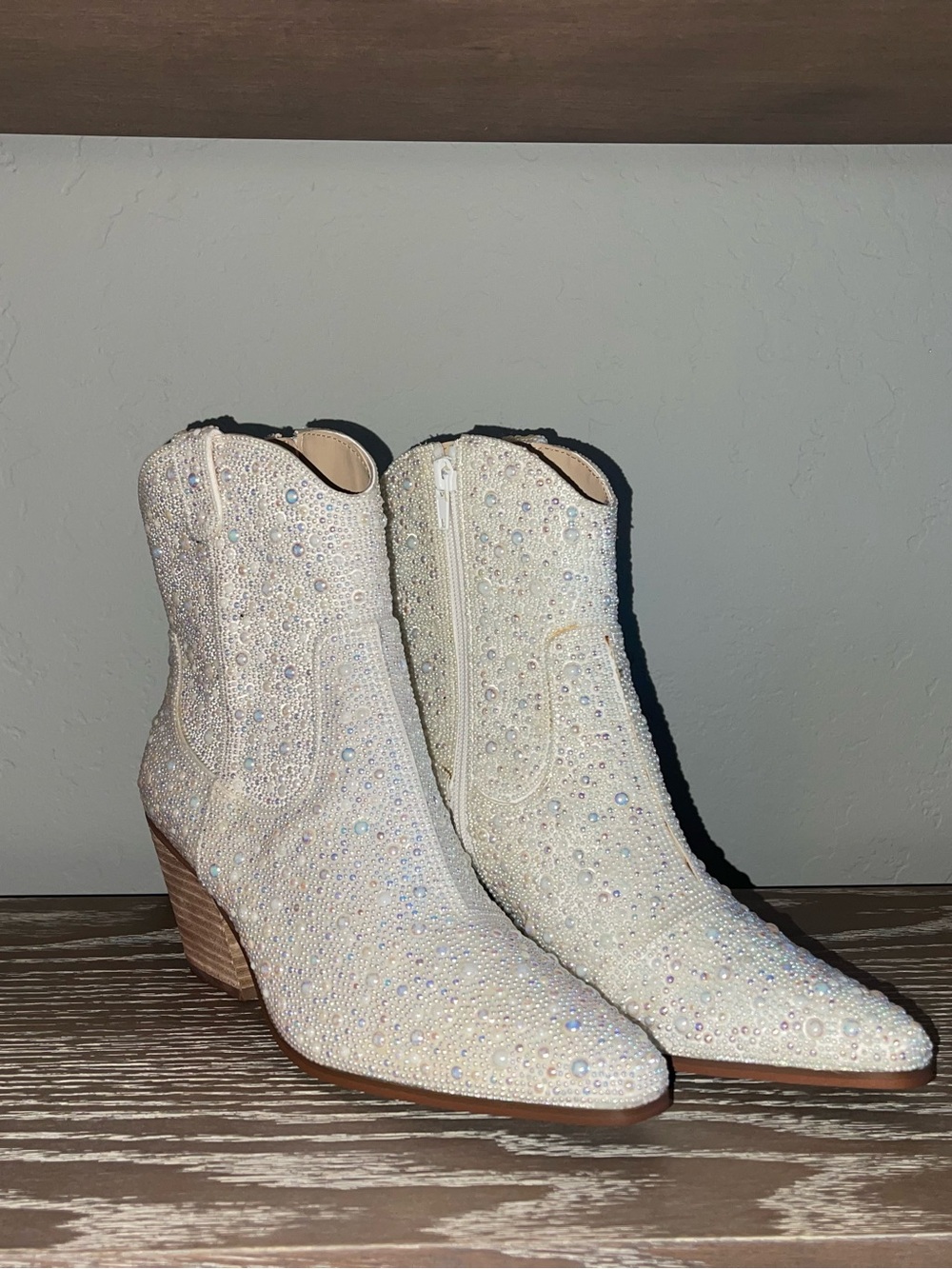 Betsey Johnson White Crystal-Embellished Ankle Boots